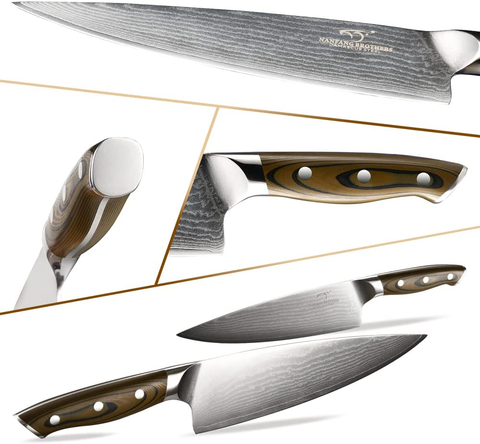 Image of Kitchen Damascus Knife Set, 9-Piece Kitchen Knife Set with Block, Non-Slip G10 Ergonomic Triple Rivet Handle for Chef Knives, Knife Sharpener and Kitchen Shears, Natural Wood Block (Black)