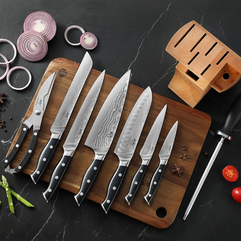 Image of Kitchen Damascus Knife Set, 9-Piece Kitchen Knife Set with Block, ABS Ergonomic Handle for Chef Knife Set, Knife Sharpener and Kitchen Shears, Beechwood Block