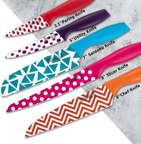 Image of MICHELANGELO Kitchen Knife Set 10 Piece, Knife Sets for Kitchen, High Carbon Stainless Steel Kitchen Knife Set, Colored Kitchen Knifes Set- 5 Knives & 5 Knife Sheath Covers