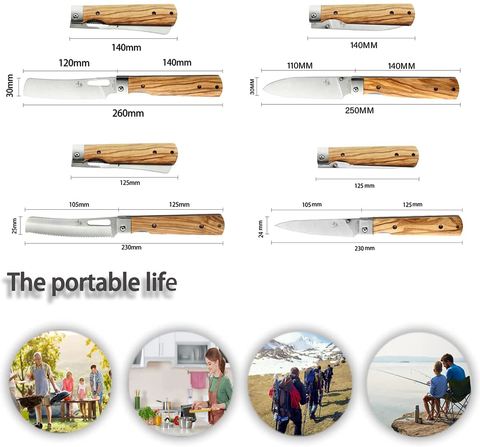 Image of Senbon 440A Stainless Steel Gift Wrapped 4 Piece Set Sharp Pocket Folding Japanese Chef Knife Universal Peeling Knife Bread Knife Combination Set Portable Kitchen Knives with Natural Olive Handle.