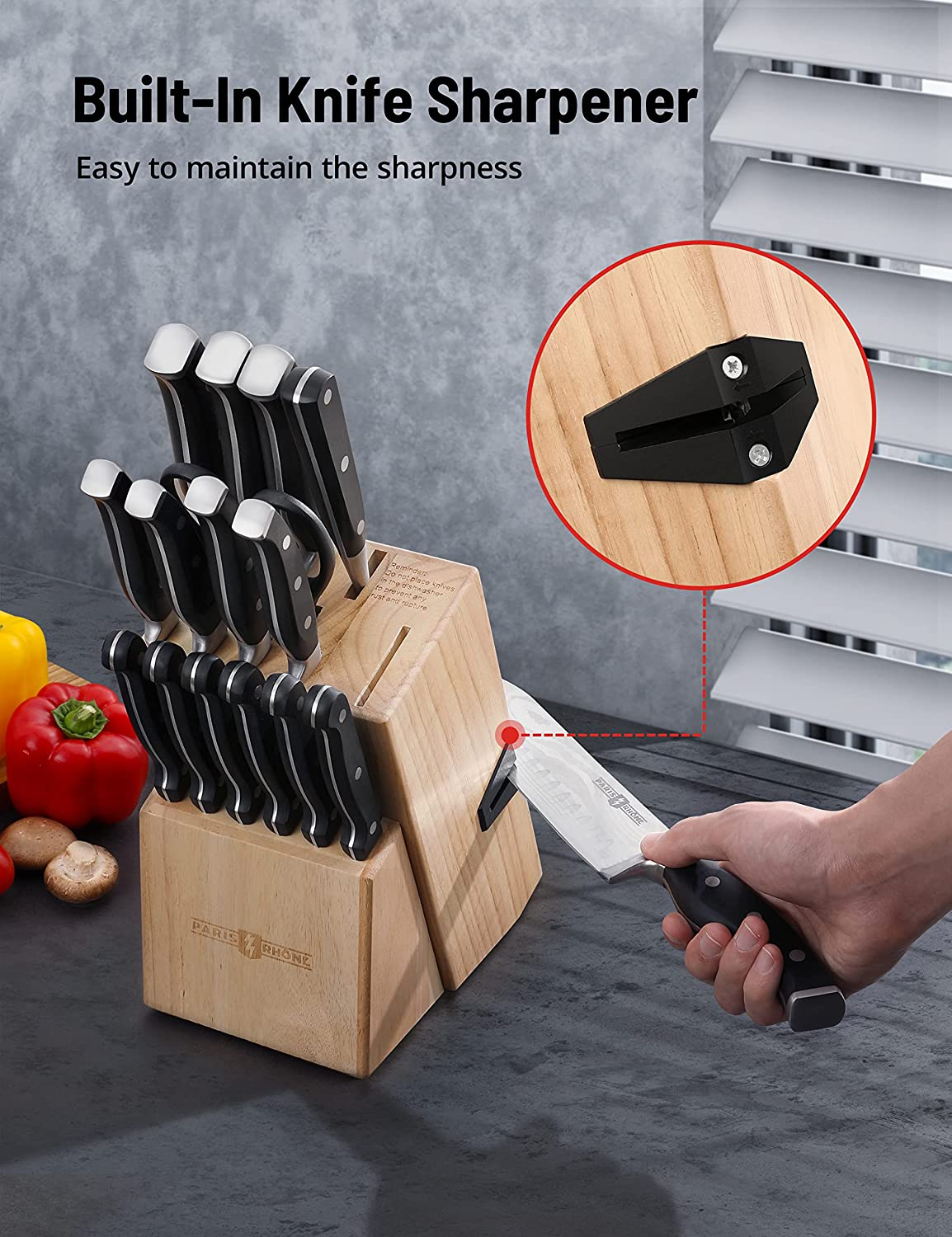 Kitchen Knife Set, PARIS RHÔNE 16-Piece High-Carbon Stainless Steel Knife Set with Block, Chef Knife, Bread Knife, Paring Knife, Built-In Sharpener, Ergonomic ABS Full Tang Handle, All-In-One
