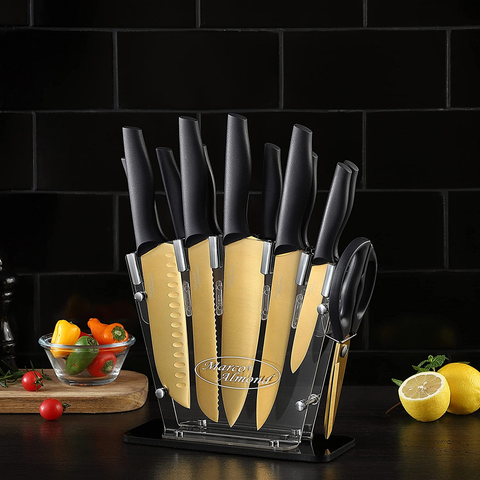Image of Marco Almond Golden Titanium Knife Set with Acrylic Stand, Kitchen Knives Set with Block, Scissor,Santoku Knife,6 Golden Steak Knives Cutlery Gold Knife Set,14Piece Set,Black Handle