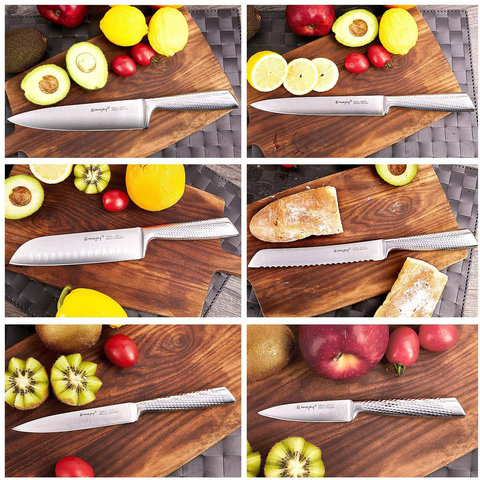 Image of Knife Set, Emojoy 16-Piece Kitchen Knife Set with Block Wooden Carving Fork, Ripple German Stainless Steel Knife Block Set, Hollow Handle for Chef Knife Set with Sharpener and Scissors