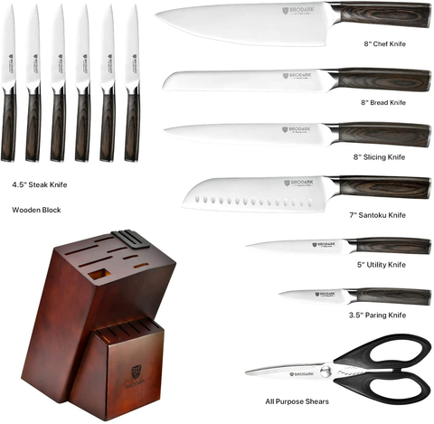 Image of BRODARK Kitchen Knife Set with Block, Ultra Sharp 15 PCS German Stainless Steel Professional Chef Knife Set with 2 Stage Knife Sharpener, Ergonomic Handle Full Tang Forged Gift with Premium Box