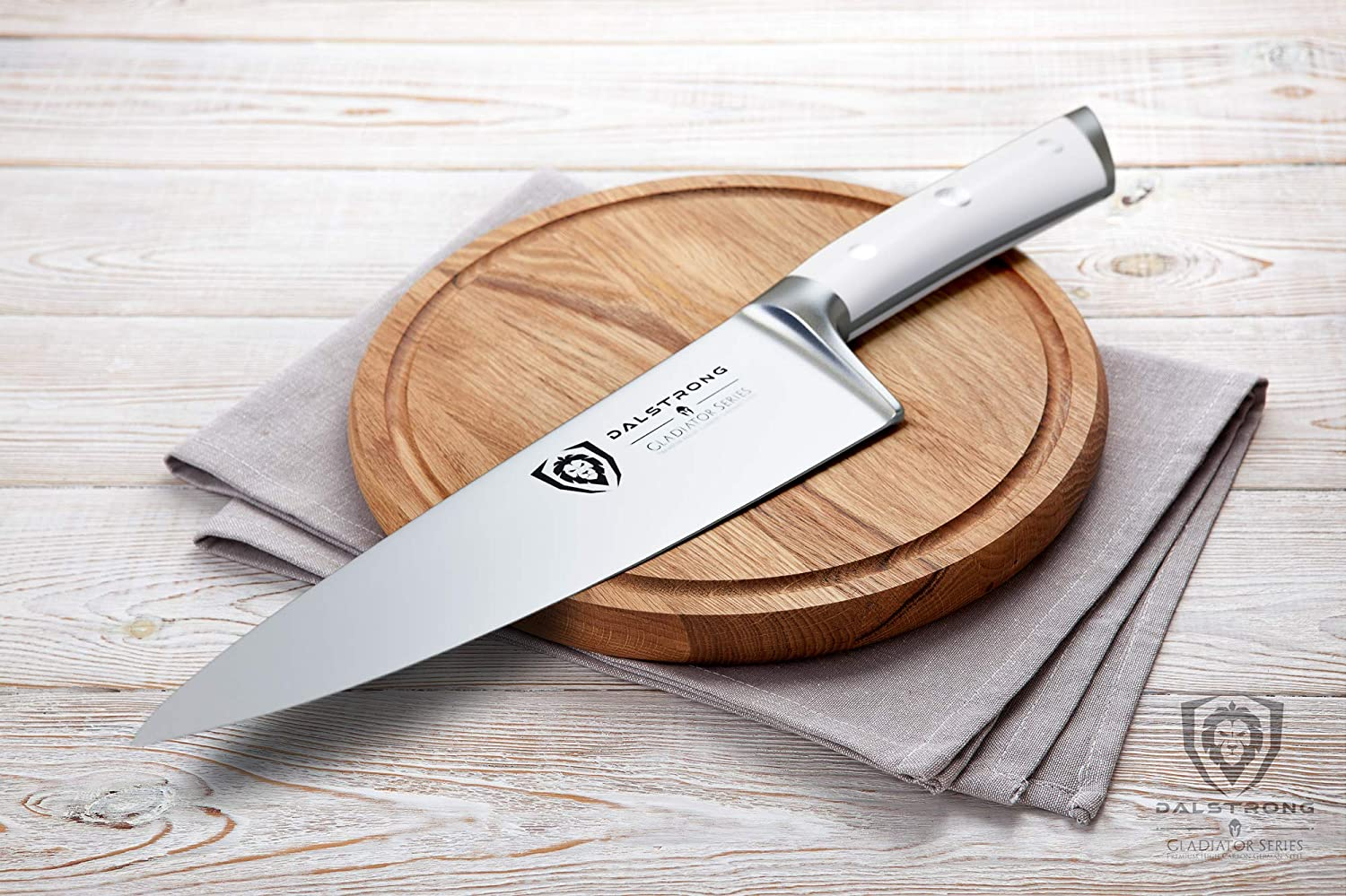 DALSTRONG Chef Knife - 8 Inch - Gladiator Series - Forged High Carbon German Steel - Razor Sharp Kitchen Knife - Full Tang - Glacial White ABS Handle - Sheath Included - NSF Certified