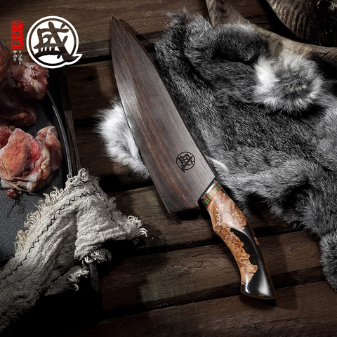 Image of MITSUMOTO SAKARI 8 Inch Hand-Forged Japanese Gyuto Chef Knife, Professional 440C Damascus Kitchen Knife, Advanced Art Forging Meat Cleaver Chef'S Knives (Maplewood Handle & Gift Box)