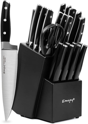 Image of Knife Set with Block, 22 Pcs Kitchen Knife Set with Sharpener Black, German Stainless Steel Knives Set with Carving Fork Steak Knives, High Carbon Full Tang Knives Set
