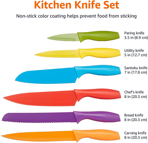 Image of Amazon Basics 12-Piece Color-Coded Kitchen Knife Set, 6 Knives with 6 Blade Guards