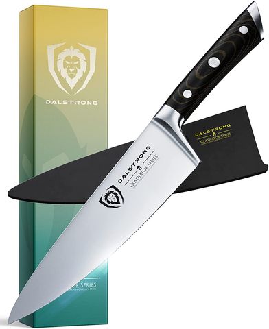 Image of DALSTRONG Chef Knife - 8 Inch - Gladiator Series - Forged High Carbon German Steel - Razor Sharp Kitchen Knife - Full Tang - Black G10 Handle - Sheath Included - NSF Certified
