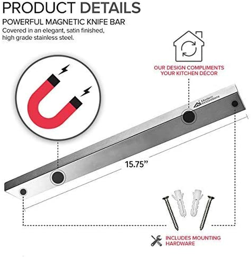Modern Innovations 16 Inch Stainless Steel Magnetic Knife Bar - Use as Knife Holder, Knife Rack, Knife Strip, Kitchen Utensil Holder and Tool Holder