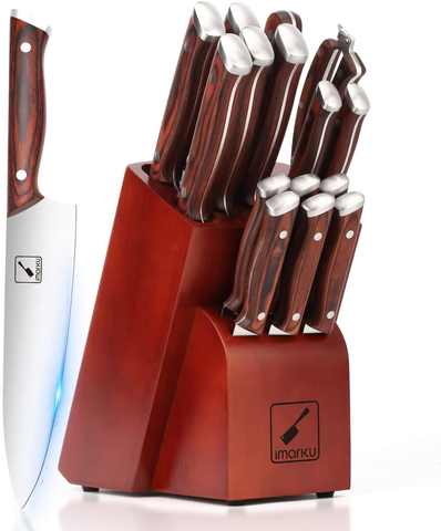 Image of Japanese Knife Set, Imarku 16-Piece Professional Kitchen Knife Set with Block, Chef Knife Set with Knife Rod, German High Carbon Steel Kitchen Knives Set