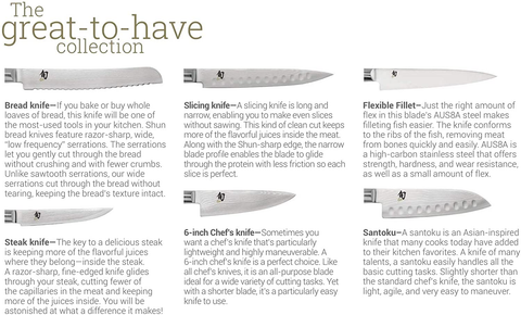 Image of Shun Classic 8-Piece Student Set; Perfect Knife Set for the Aspiring Chef: Paring, Utility, Chef’S, Boning/Fillet, Hollow-Ground Slicing and Bread Knives; Honing Steel and Portable Knife Roll Included