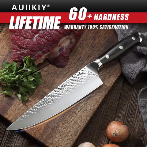 Image of Pro Chef Knife 8 Inch, Japanese AUS-10V Super Stainless Steel Kitchen Knife with Hammer Finish, Chefs Knife with a Triple-Riveted Ergonomic Handle, Professional Durable Cooking Knife with Gift Box
