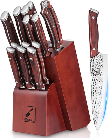 Image of Kitchen Knife Set,Imarku 16-Piece Knife Set with Block,Professional German Stainless Steel Knife Set with 6 Steak Knives and Knife Sharpener,Unique Hammered Design