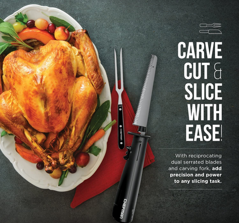 Image of Chefman Electric Knife with Bonus Carving Fork & Space Saving Storage Case Included One Touch, Durable 8 Inch Stainless Steel Blades, Rubberized Black Handle, BPA Free, 120 Volts and Watts