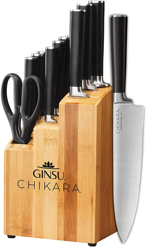 Image of Ginsu Gourmet Chikara Series Forged 12-Piece Japanese Steel Knife Set – Cutlery Set with 420J Stainless Steel Kitchen Knives – Bamboo Finish Block,