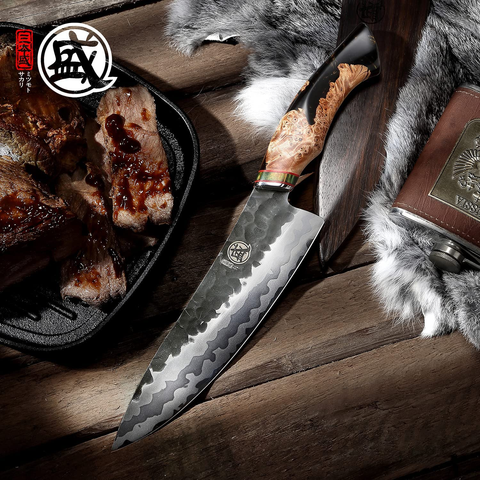 Image of MITSUMOTO SAKARI 8 Inch Hand-Forged Japanese Gyuto Chef Knife, Professional 440C Damascus Kitchen Knife, Advanced Art Forging Meat Cleaver Chef'S Knives (Maplewood Handle & Gift Box)