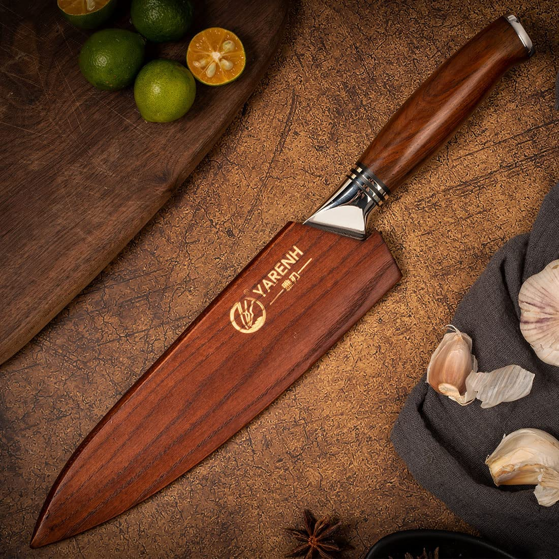 YARENH Damascus Chef Knife 8 Inch with Sheath - Professional Kitchen Knife - 73 Layers Japanese Damascus High Carbon Steel - Full Tang Dalbergia Wood Handle - FYW Series