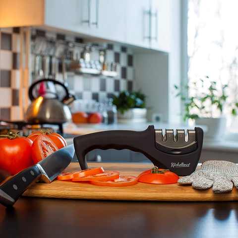 Image of 4-In-1 Kitchen Knife Accessories: 3-Stage Knife Sharpener Helps Repair, Restore, Polish Blades and Cut-Resistant Glove (Black)
