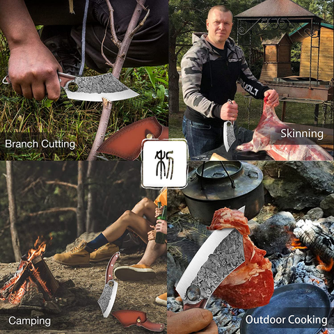 Image of TIVOLI Meat Cleaver Knife Hand Forged Kitchen Knife Full Tang Boning Knife with Sheath Carbon Steel Chef Knife Butcher Knife for Home, Outdoor, Camping