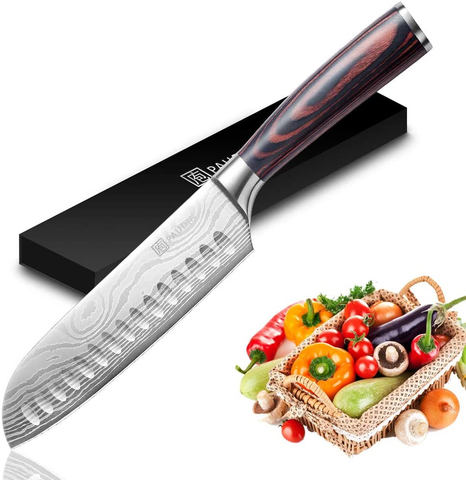 Image of Santoku Knife - PAUDIN N5 7" Kitchen Knife, High Carbon Stainless Steel Chef Knife, Super Sharp Multifunctional Chopping Knife for Meat Vegetable Fruit with Pakkawood Handle and Gift Box