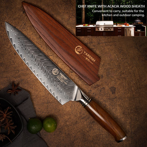 Image of YARENH Damascus Chef Knife 8 Inch with Sheath - Professional Kitchen Knife - 73 Layers Japanese Damascus High Carbon Steel - Full Tang Dalbergia Wood Handle - FYW Series
