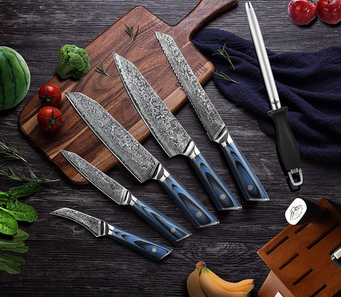 Image of Kitchen Damascus Knife Set- 9 Pcs Japanese Aus-10 Damascus Steel Chef Knives Set High Carbon Core Stainless Steel Full Tang Chef Knife Set Blue G10 Home Kitchen Professional Knife Block Set