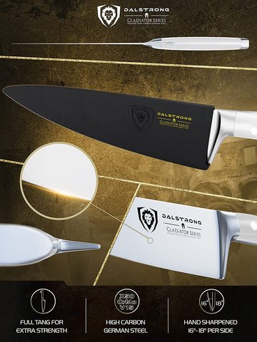 Image of DALSTRONG Chef Knife - 8 Inch - Gladiator Series - Forged High Carbon German Steel - Razor Sharp Kitchen Knife - Full Tang - Glacial White ABS Handle - Sheath Included - NSF Certified