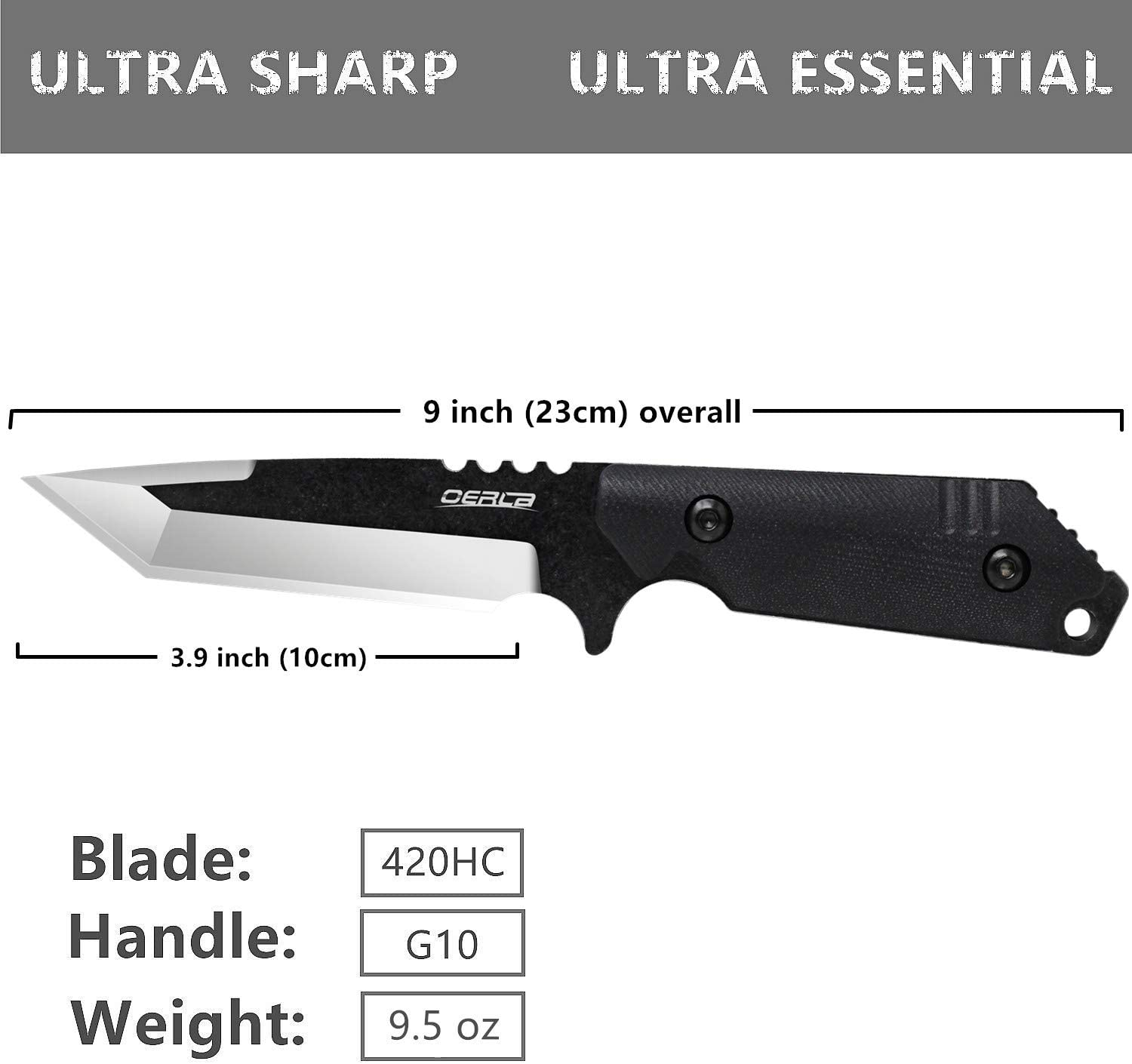 Oerla TAC Knives OLX-004 Fixed Blade Outdoor Duty Straight Knife 420HC Stonewashed Steel Field Knife Camping Knife with G10 Handle Waist Clip EDC Kydex Sheath (Black)