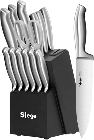 Image of Knife Set, 15 Pcs Kitchen Knife Set with Built-In Sharpener, Stainless Steel Knife Block Set, Professional Chef Knife Set for Kitchen