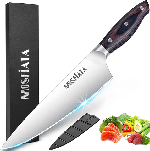 Image of Mosfiata Chef Knife 8 Inch Kitchen Cooking Knife, 5Cr15Mov High Carbon Stainless Steel Sharp Knife with Ergonomic Pakkawood Handle, Full Tang Vegetable Meat Cutting Knife with Sheath for Home Kitchen