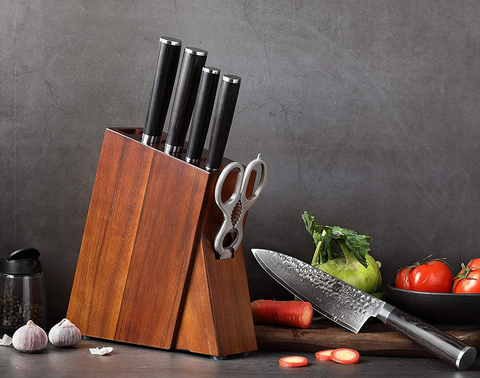 Image of XINZUO 7PC Damascus Steel Kitchen Knife Set with Acacia Wood Block,Multifunctional Kitchen Scissors,Professional Sharp Chef Knife Forged Vegetable Knife with Pakkawood Handle- He Series