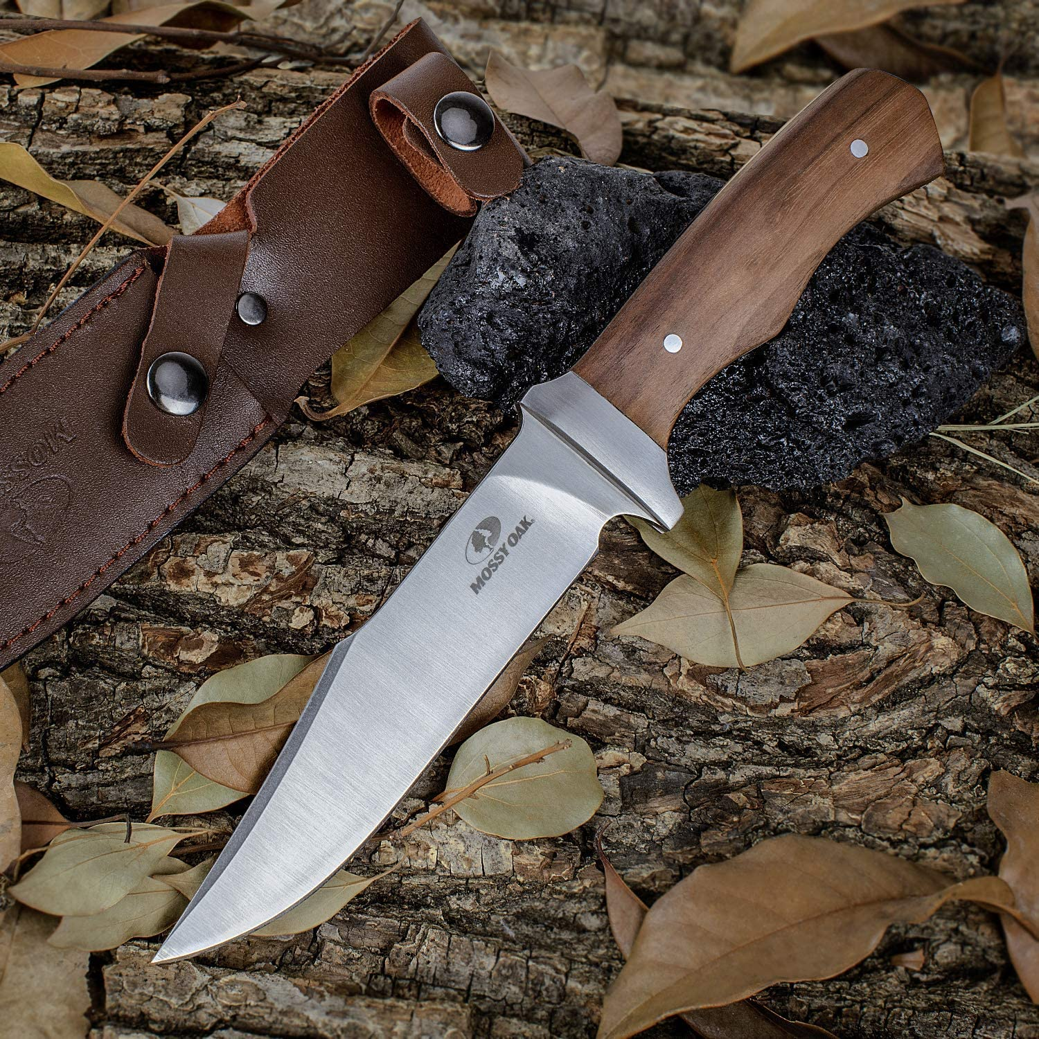 MOSSY OAK 11-Inch Full-Tang Fixed Blade Knife with Leather Sheath, Clip Point Blade and Wood Handle, for Outdoor Survival, Camping
