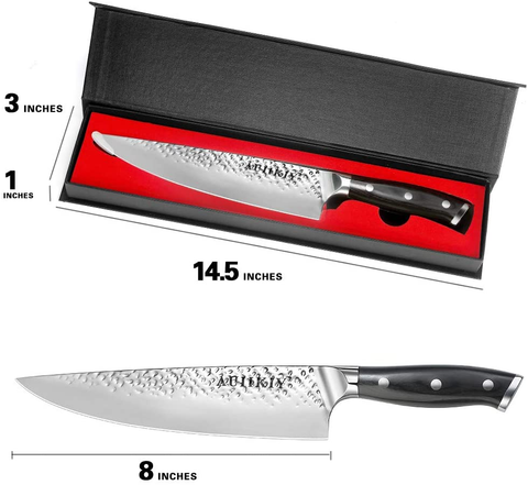 Image of Pro Chef Knife 8 Inch, Japanese AUS-10V Super Stainless Steel Kitchen Knife with Hammer Finish, Chefs Knife with a Triple-Riveted Ergonomic Handle, Professional Durable Cooking Knife with Gift Box