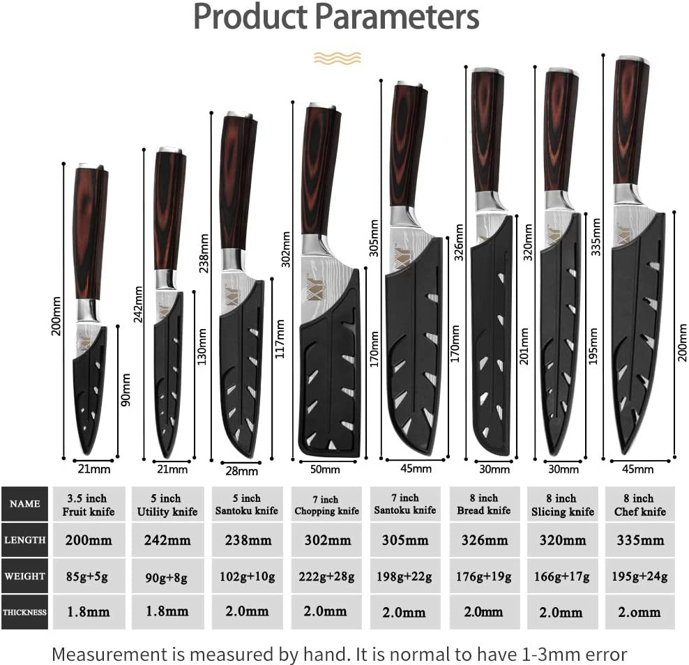 XYJ Stainless Steel Kitchen Knives Set 8 Piece Chef Knife Set with Carry Case Bag & Sheath Well Balance Ergonomic Handle