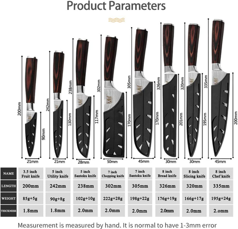 Image of XYJ Stainless Steel Kitchen Knives Set 8 Piece Chef Knife Set with Carry Case Bag & Sheath Well Balance Ergonomic Handle