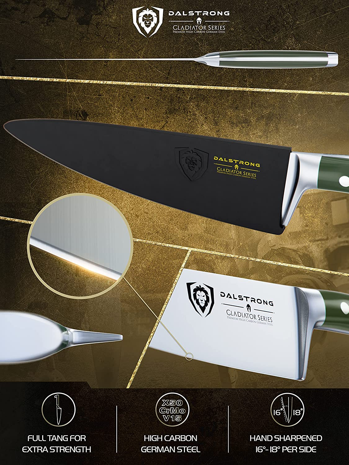 DALSTRONG Chef Knife - 8 Inch - Gladiator Series - Forged High Carbon German Steel - Razor Sharp Kitchen Knife - Full Tang - Army Green ABS Handle - Sheath Included - NSF Certified