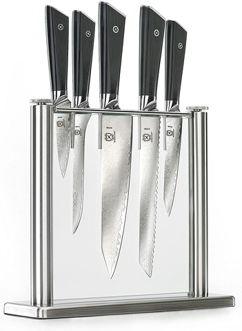 Image of Mercer Culinary Premium Grade Super Steel 6-Piece Knife Set with Glass Block Stand, G10 Handles