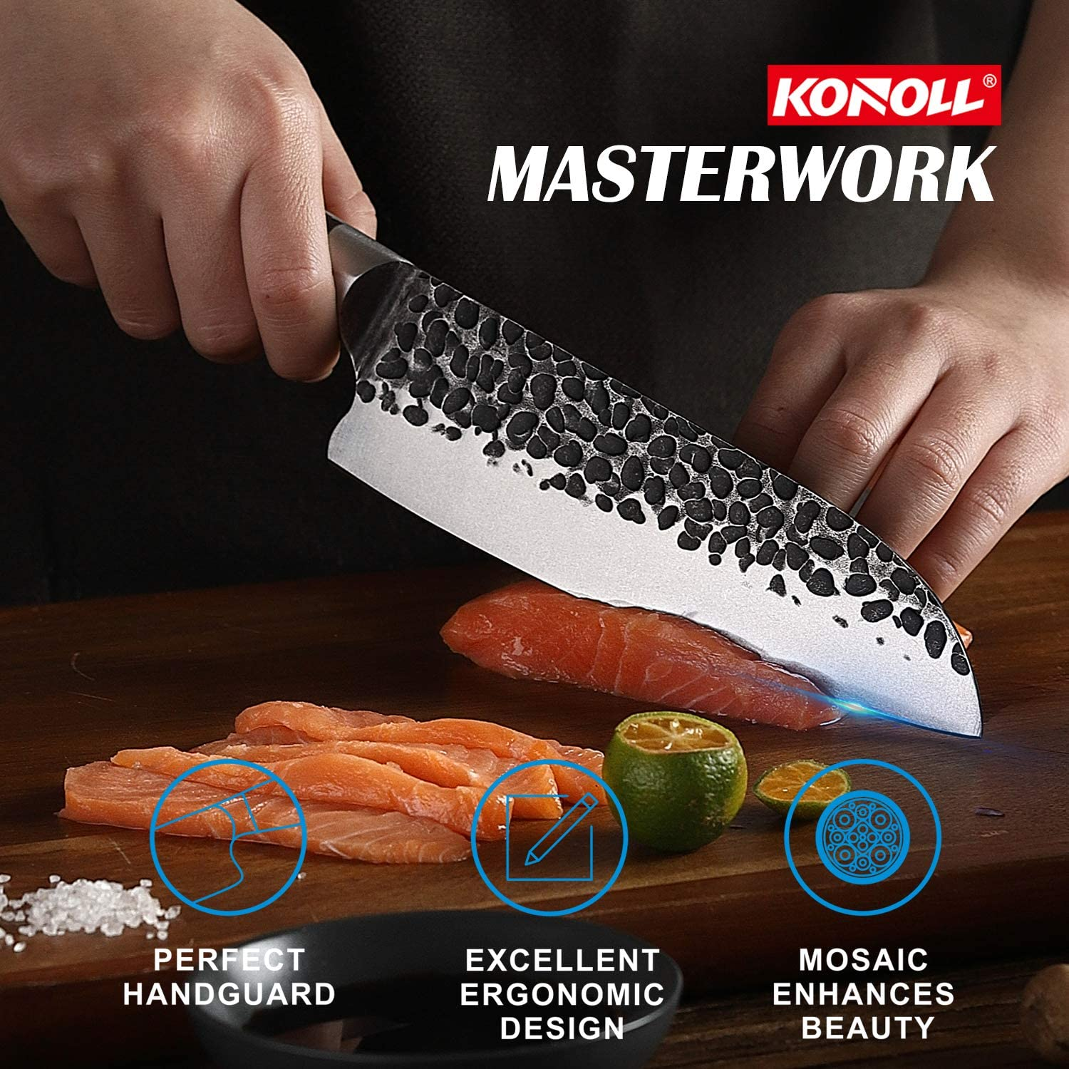 KONOLL Santoku Knife Janpan Chefs Knife Cleaver 7-Inch Forged Handmade Professional Kitchen Knife, German High Carbon Steel with Wood Handle