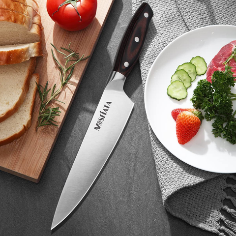 Image of Mosfiata Chef Knife 8 Inch Kitchen Cooking Knife, 5Cr15Mov High Carbon Stainless Steel Sharp Knife with Ergonomic Pakkawood Handle, Full Tang Vegetable Meat Cutting Knife with Sheath for Home Kitchen