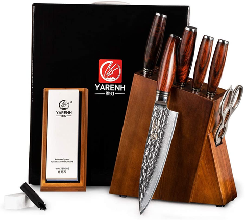Image of Damascus Kitchen Knife Set with Block Wooden and Sharpener Stone- Yarenh Professional Chef Knife Set 8 Piece - Japanese High Carbon Stainless Steel - Galbergia Wood Handle - Gift Box Packaging