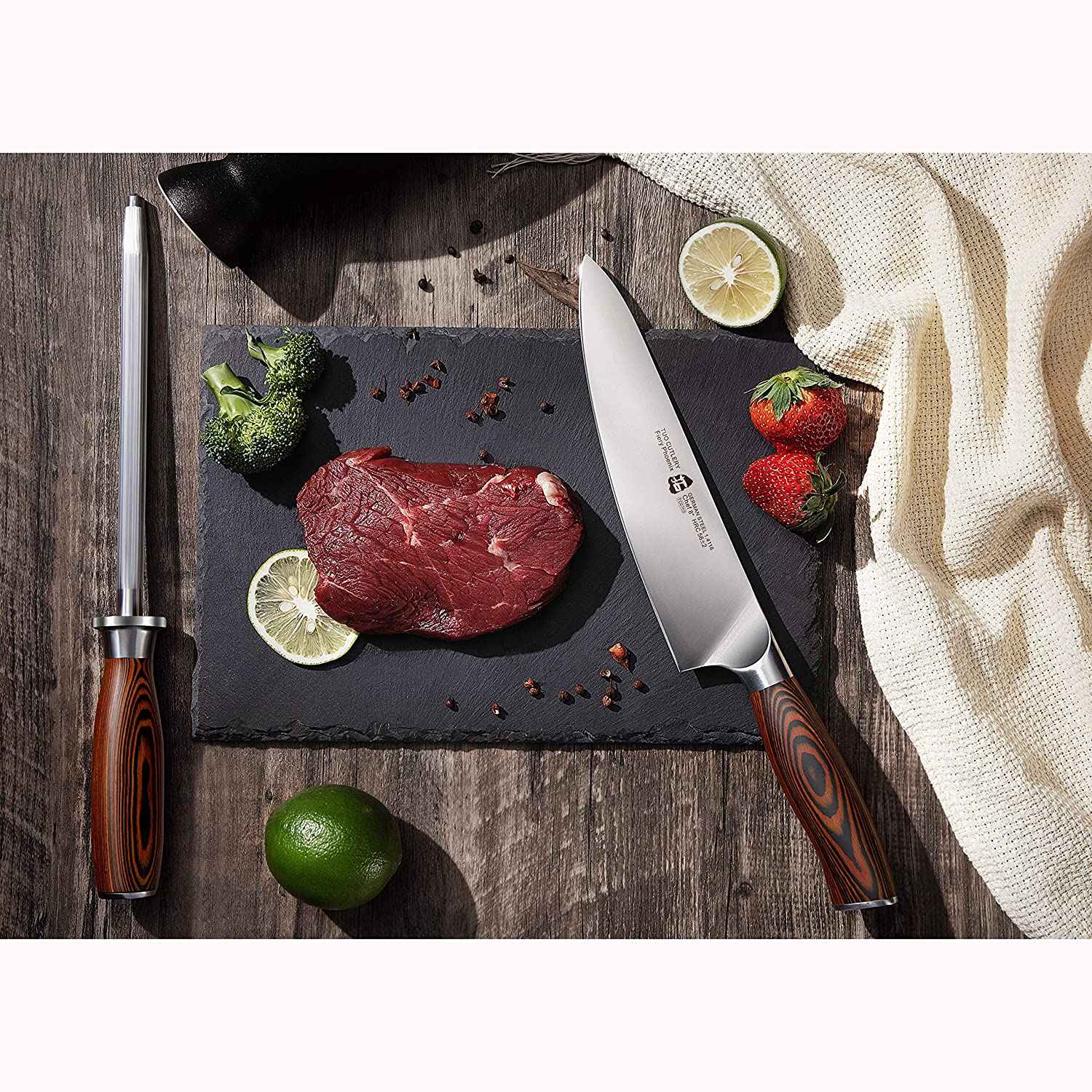 TUO Chef Knife Chef’S Knife Kitchen Knives Razor Sharp 8 Inch High Carbon German Stainless Steel Cutlery Rust Resistant Comfortable Pakkawood Handle Gift Packaging Fiery Phoenix Series