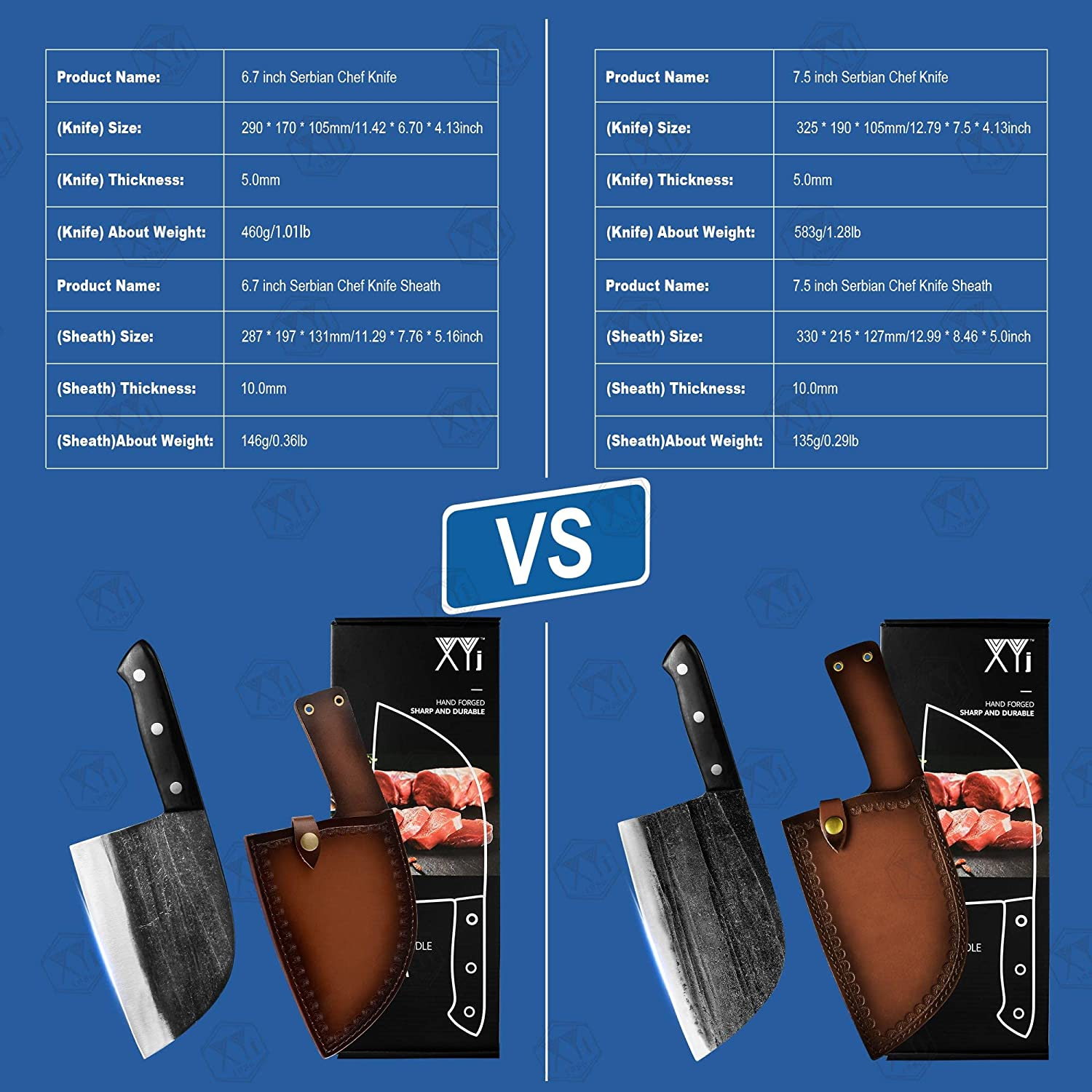 Authentic XYJ since 1986,Outstanding Ancient Forging,6.7 Inch Full Tang,Serbian Chefs Knife,Chef Meat Cleaver,Kitchen Knives,Set with Leather Sheath,Take Carrying,Butcher,For Camping or Outdoor