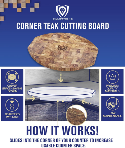 Image of DALSTRONG Corner Counter Teak Wood Cutting Board - Tight Wood Grain - 24" X 18" X 2.2" - Kitchen Chopping Board - Serving Board - Cutting Boards - Gift Packaging