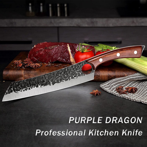 Image of Purple Dragon Chef Knife Meat and Vegetable Cleaver Knife Hand Forged Boning Knife 8.5 Inch Full Tang Design High Carbon Steel Kitchen Knife for Home Kitchen Restaurant