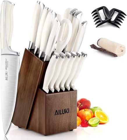 Image of Knife Set,18 Piece Kitchen Knife Set with Block Wooden and Sharpener, Professional High Carbon German Stainless Steel Chef Knife Set, Ultra Sharp Full Tang Forged White Knives Set