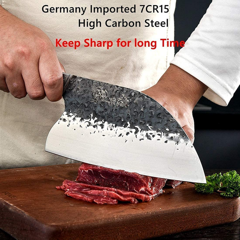 Image of Handmade Forged Serbian Meat Cleaver Knife with Sheath Chef'S Knvies Full Tang Butcher Knife Outdoor Meat Vegetable Cleaver for Family, BBQ or Camping (Silver)