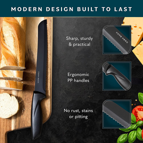 Image of New Home Hero 17 Pcs Kitchen Knife Set - 7 Stainless Steel Knives, 6 Serrated Steak Knives, Scissors, Peeler & Knife Sharpener with Acrylic Stand (Black, Stainless Steel)…