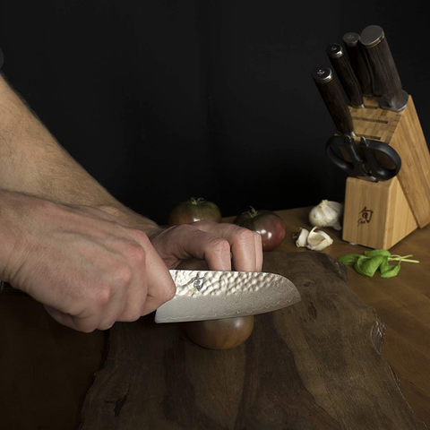 Image of Shun Premier 5.5-Inch Santoku; Top Performance in Smaller Kitchen Knife; Proprietary Steel, High-Performance Blade; Hammered Tsuchime Blade Finish; Walnut Pakkawood Handle; Handcrafted in Japan