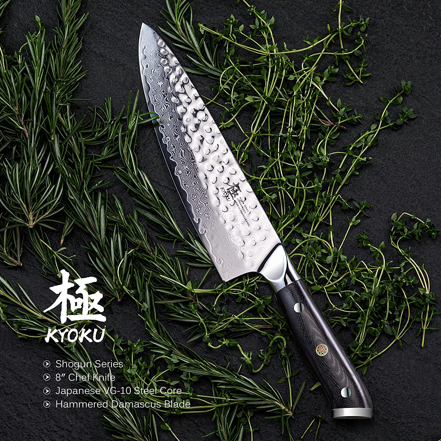 KYOKU Chef Knife - 8"- Shogun Series - Japanese VG10 Steel Core Hammered Damascus Blade - with Sheath & Case